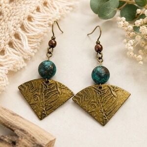 Boho Tribal Earrings Rustic Brass Turquoise Bead Artisan Statement Dangles